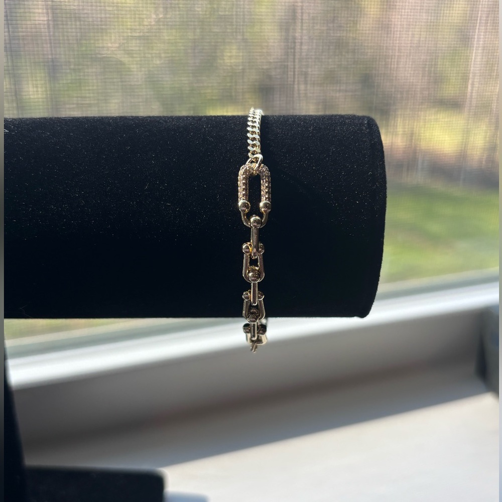 Gold Plated Mixed Chain Bracelet w/ Pavé Link ✨ Trendy Chunky Statement Jewelry - Picture 3 of 7